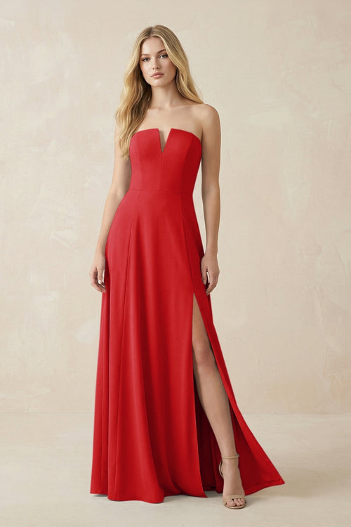 Strapless A - Line Chiffon Bridesmaid Dress With Slit in Ruby Red - KissProm Bridesmaid Dresses