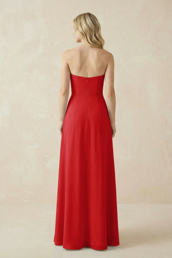 Strapless A - Line Chiffon Bridesmaid Dress With Slit in Ruby Red - KissProm Bridesmaid Dresses