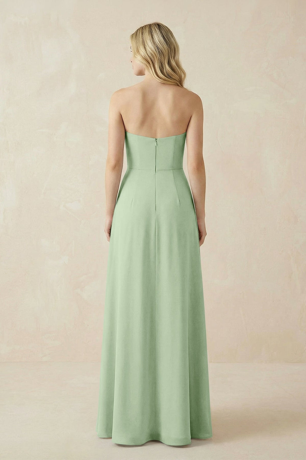 Strapless A - Line Chiffon Bridesmaid Dress With Slit in Sage - KissProm Bridesmaid Dresses