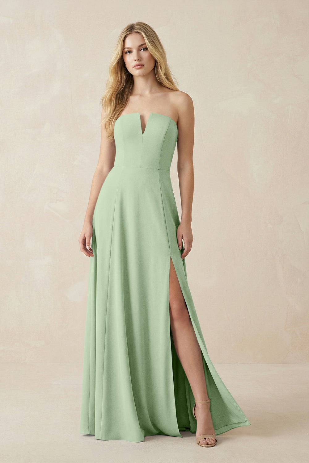 Strapless A - Line Chiffon Bridesmaid Dress With Slit in Sage - KissProm Bridesmaid Dresses
