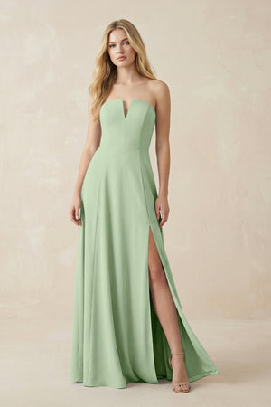 Strapless A - Line Chiffon Bridesmaid Dress With Slit in Sage - KissProm Bridesmaid Dresses