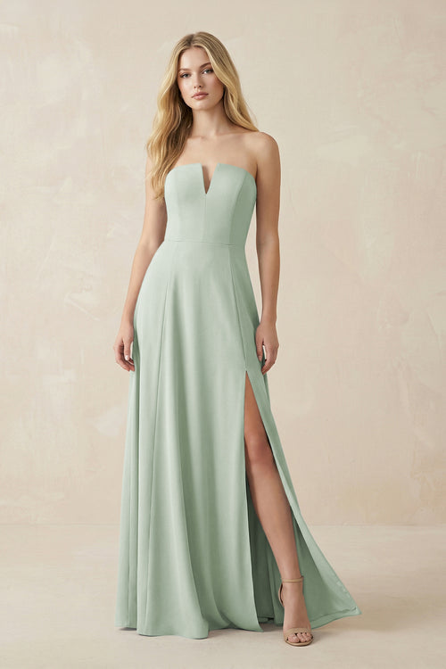 Strapless A - Line Chiffon Bridesmaid Dress With Slit in Sage - KissProm Bridesmaid Dresses