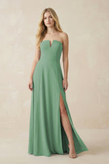 Strapless A - Line Chiffon Bridesmaid Dress With Slit in Sea Glass - KissProm Bridesmaid Dresses