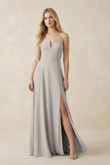 Strapless A - Line Chiffon Bridesmaid Dress With Slit in Silver - KissProm Bridesmaid Dresses