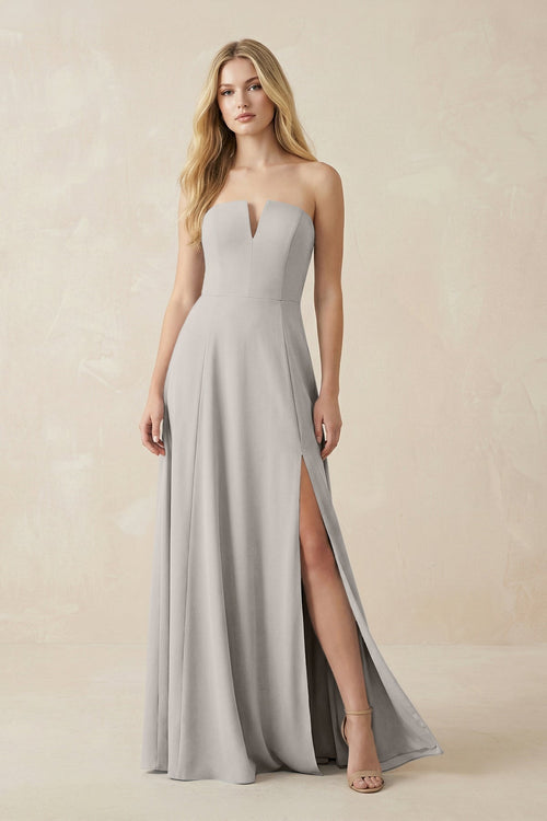 Strapless A - Line Chiffon Bridesmaid Dress With Slit in Silver - KissProm Bridesmaid Dresses