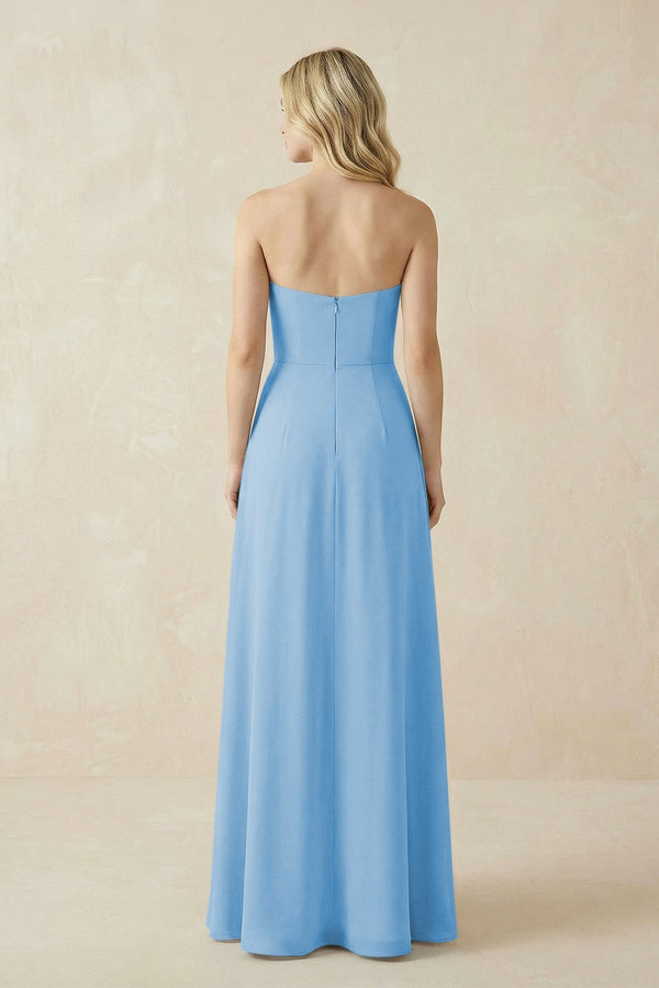 Strapless A - Line Chiffon Bridesmaid Dress With Slit in Steel Blue - KissProm Bridesmaid Dresses