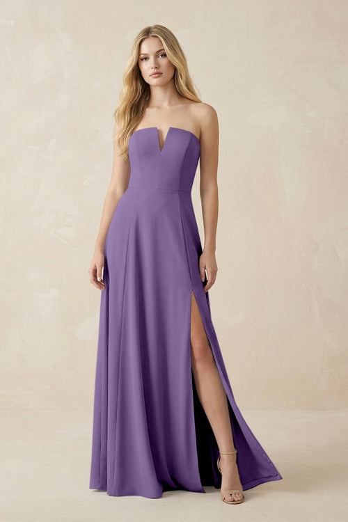 Strapless A - Line Chiffon Bridesmaid Dress With Slit in Tahiti - KissProm Bridesmaid Dresses