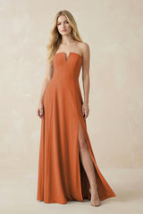 Strapless A - Line Chiffon Bridesmaid Dress With Slit in Terracotta - KissProm Bridesmaid Dresses