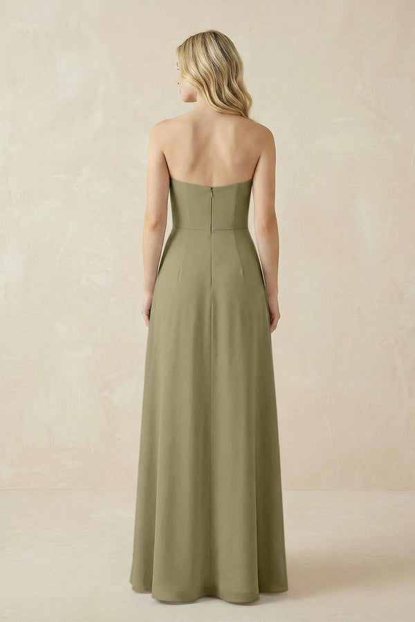 Strapless A - Line Chiffon Bridesmaid Dress With Slit in Thyme - KissProm Bridesmaid Dresses