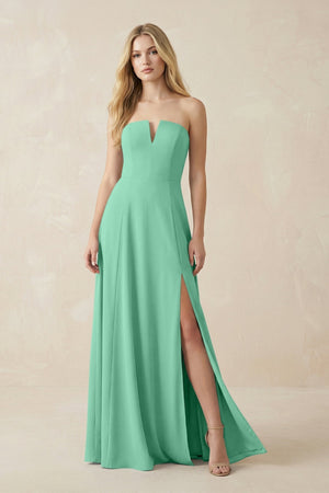 Strapless A - Line Chiffon Bridesmaid Dress With Slit in Turquoise - KissProm Bridesmaid Dresses