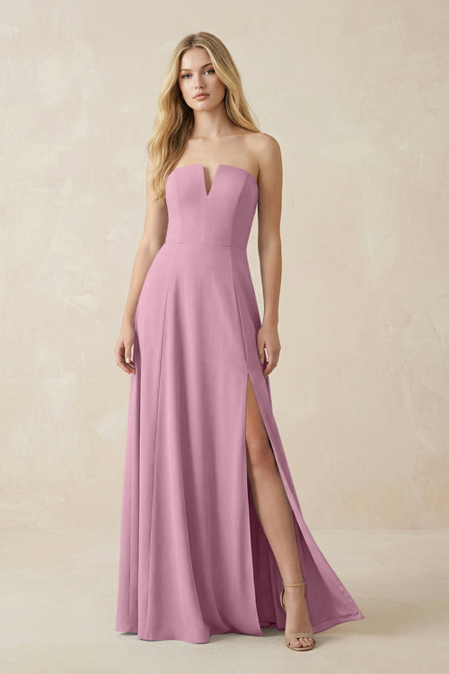 Strapless A - Line Chiffon Bridesmaid Dress With Slit in Vintage Mauve - KissProm Bridesmaid Dresses