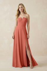 Strapless A - Line Chiffon Bridesmaid Dress With Slit in Wild Rose - KissProm Bridesmaid Dresses