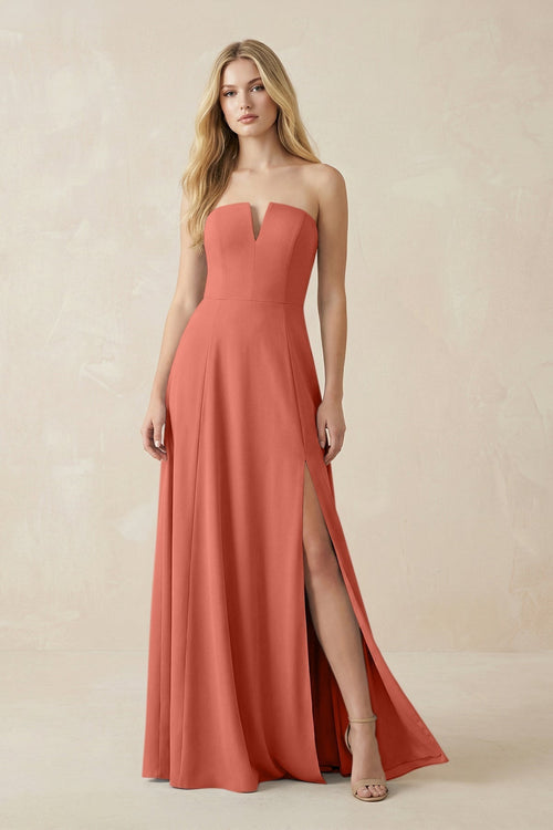 Strapless A - Line Chiffon Bridesmaid Dress With Slit in Wild Rose - KissProm Bridesmaid Dresses