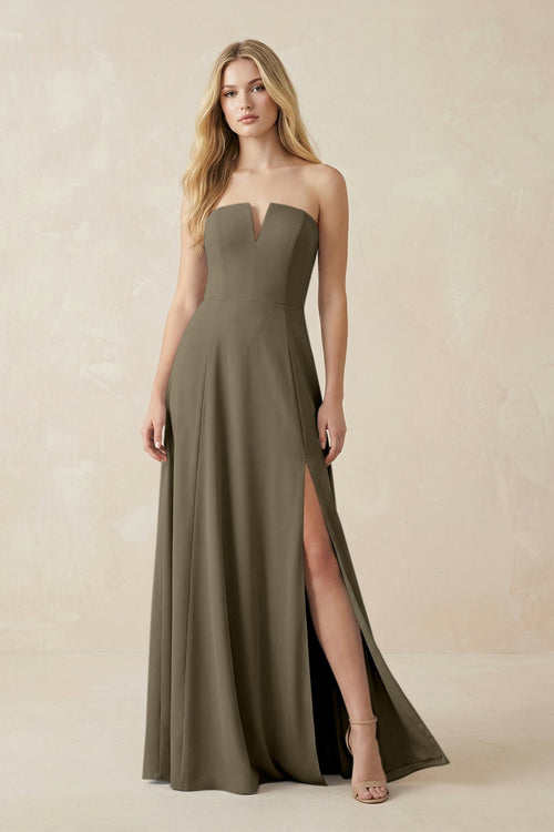 Strapless A - Line Chiffon Bridesmaid Dress With Slit in Willow Green - KissProm Bridesmaid Dresses