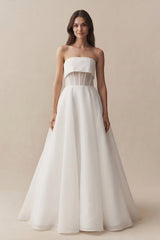 Strapless A - Line Chiffon Ruched Wedding Dress in White - KissProm Wedding Dresses