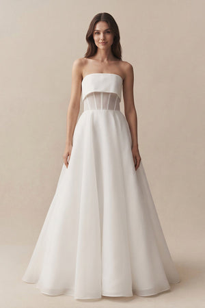 Strapless A - Line Chiffon Ruched Wedding Dress in White - KissProm Wedding Dresses