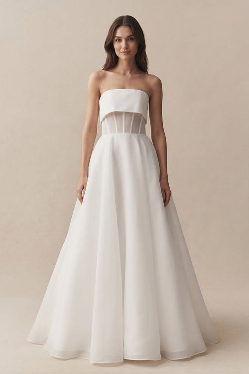 Strapless A - Line Chiffon Ruched Wedding Dress in White - KissProm Wedding Dresses