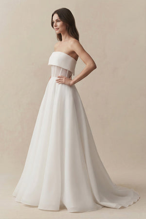 Strapless A - Line Chiffon Ruched Wedding Dress in White - KissProm Wedding Dresses