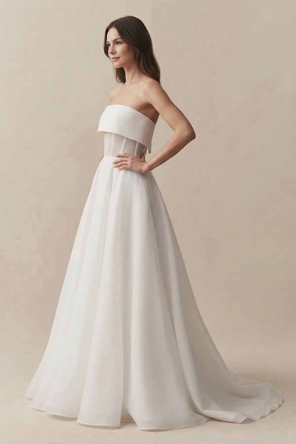 Strapless A - Line Chiffon Ruched Wedding Dress in White - KissProm Wedding Dresses