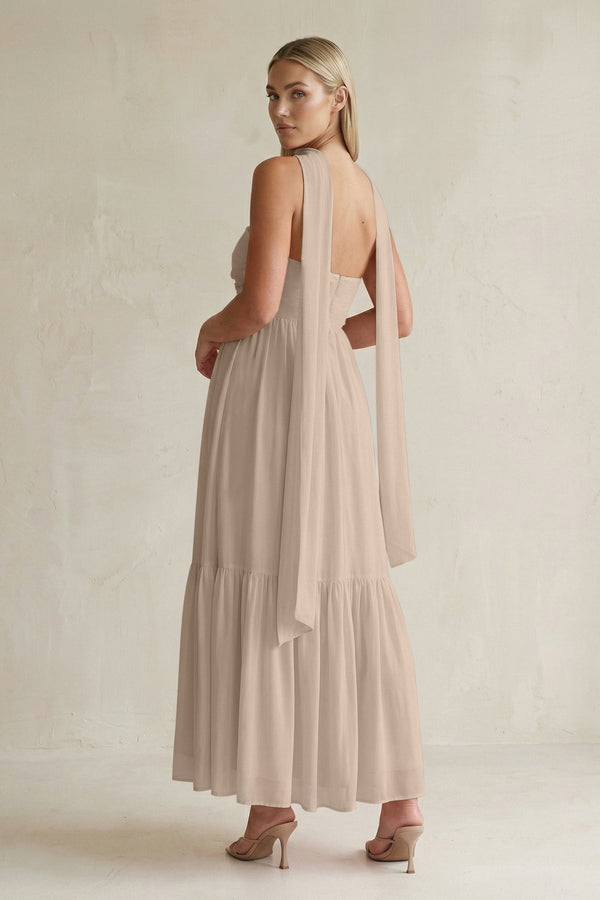 Strapless A - Line Chiffon Ruffled Bridesmaid Dress With Ribbon in Almond - KissProm Bridesmaid Dresses
