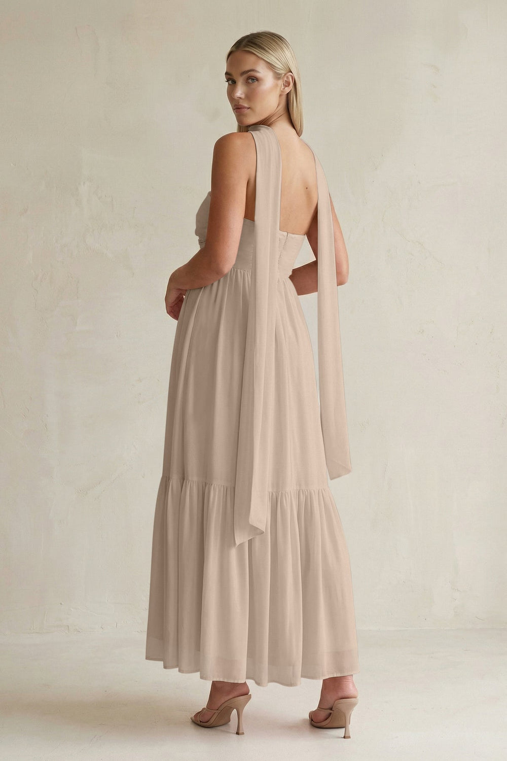 Strapless A - Line Chiffon Ruffled Bridesmaid Dress With Ribbon in Almond - KissProm Bridesmaid Dresses