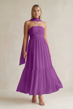 Strapless A - Line Chiffon Ruffled Bridesmaid Dress With Ribbon in Amethyst - KissProm Bridesmaid Dresses