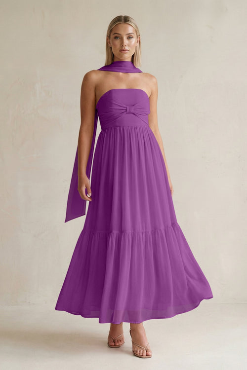 Strapless A - Line Chiffon Ruffled Bridesmaid Dress With Ribbon in Amethyst - KissProm Bridesmaid Dresses