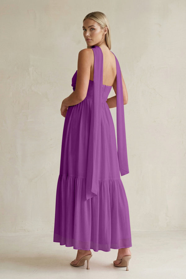 Strapless A - Line Chiffon Ruffled Bridesmaid Dress With Ribbon in Amethyst - KissProm Bridesmaid Dresses