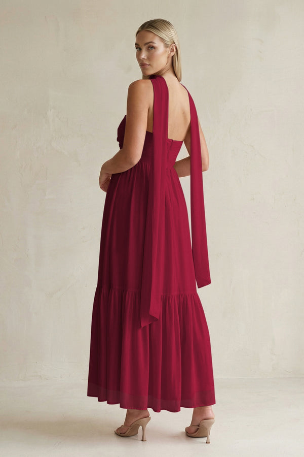 Strapless A - Line Chiffon Ruffled Bridesmaid Dress With Ribbon in Berry - KissProm Bridesmaid Dresses