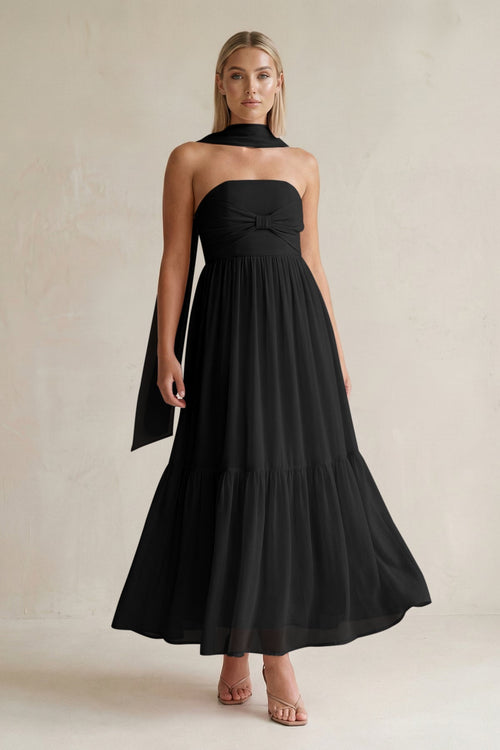 Strapless A - Line Chiffon Ruffled Bridesmaid Dress With Ribbon in Black - KissProm Bridesmaid Dresses