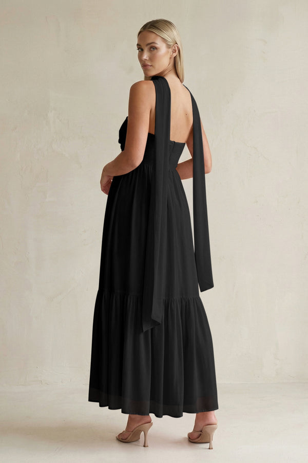 Strapless A - Line Chiffon Ruffled Bridesmaid Dress With Ribbon in Black - KissProm Bridesmaid Dresses