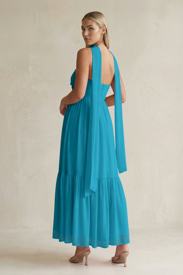 Strapless A - Line Chiffon Ruffled Bridesmaid Dress With Ribbon in Blue Jay - KissProm Bridesmaid Dresses