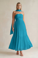 Strapless A - Line Chiffon Ruffled Bridesmaid Dress With Ribbon in Blue Jay - KissProm Bridesmaid Dresses
