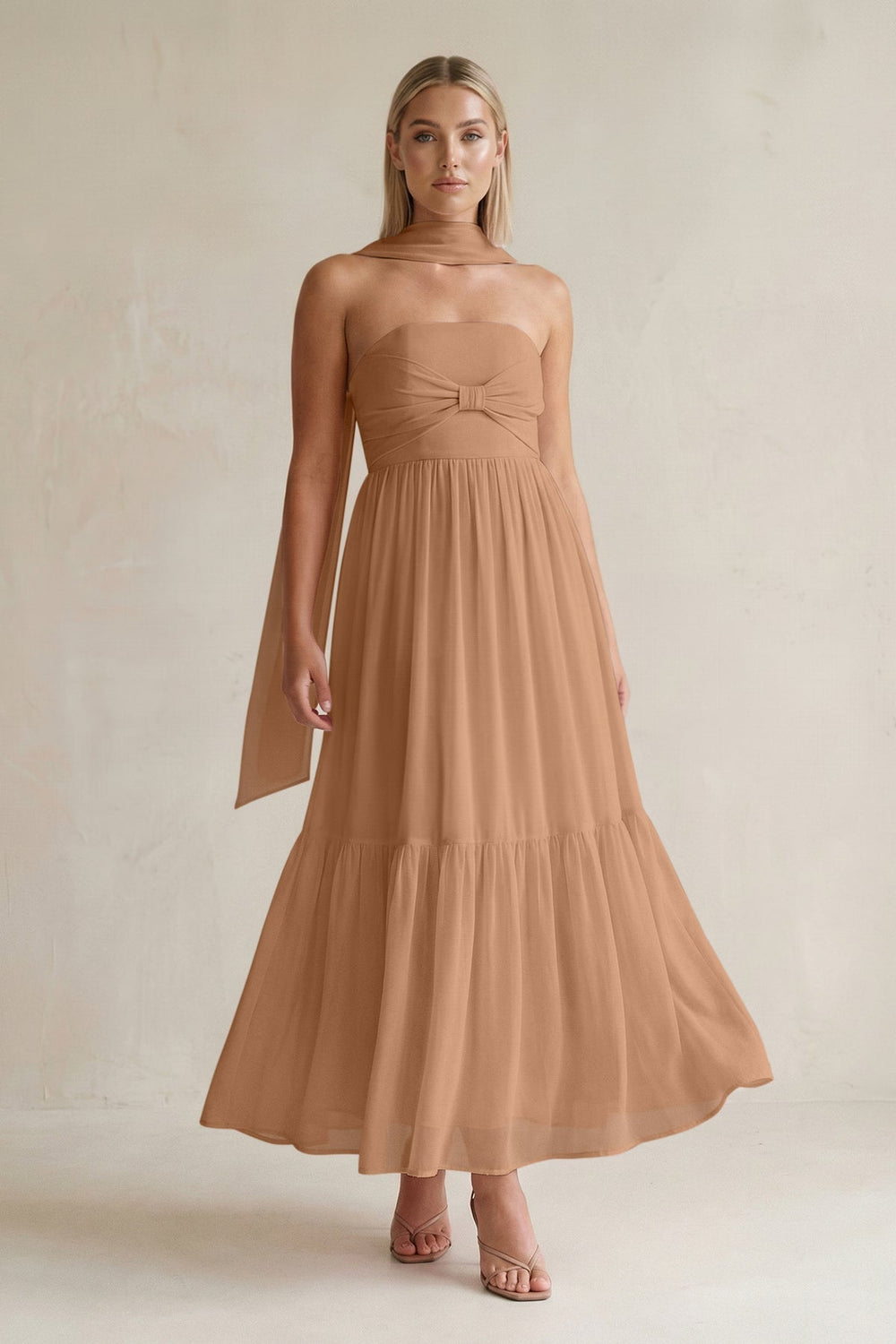 Strapless A - Line Chiffon Ruffled Bridesmaid Dress With Ribbon in Bronzer - KissProm Bridesmaid Dresses
