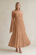 Strapless A - Line Chiffon Ruffled Bridesmaid Dress With Ribbon in Bronzer - KissProm Bridesmaid Dresses