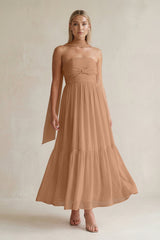 Strapless A - Line Chiffon Ruffled Bridesmaid Dress With Ribbon in Bronzer - KissProm Bridesmaid Dresses