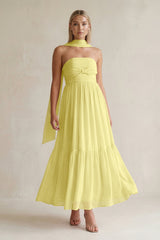Strapless A - Line Chiffon Ruffled Bridesmaid Dress With Ribbon in Buttercup - KissProm Bridesmaid Dresses