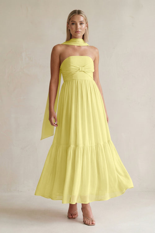 Strapless A - Line Chiffon Ruffled Bridesmaid Dress With Ribbon in Buttercup - KissProm Bridesmaid Dresses