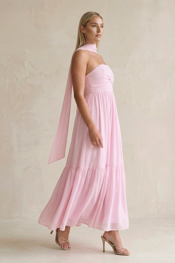 Strapless A - Line Chiffon Ruffled Bridesmaid Dress With Ribbon in Candy Pink - KissProm Bridesmaid Dresses