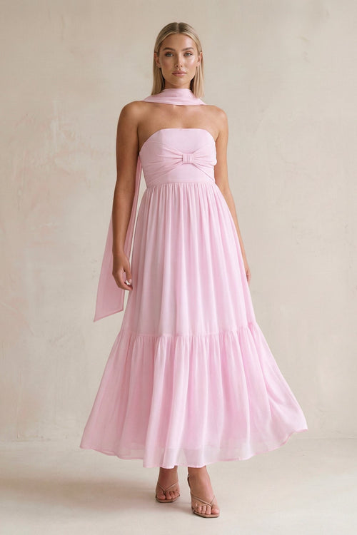 KissProm Strapless A-Line Chiffon Ruffled Bridesmaid Dress With Ribbon in Candy Pink, Candy Pink / 12