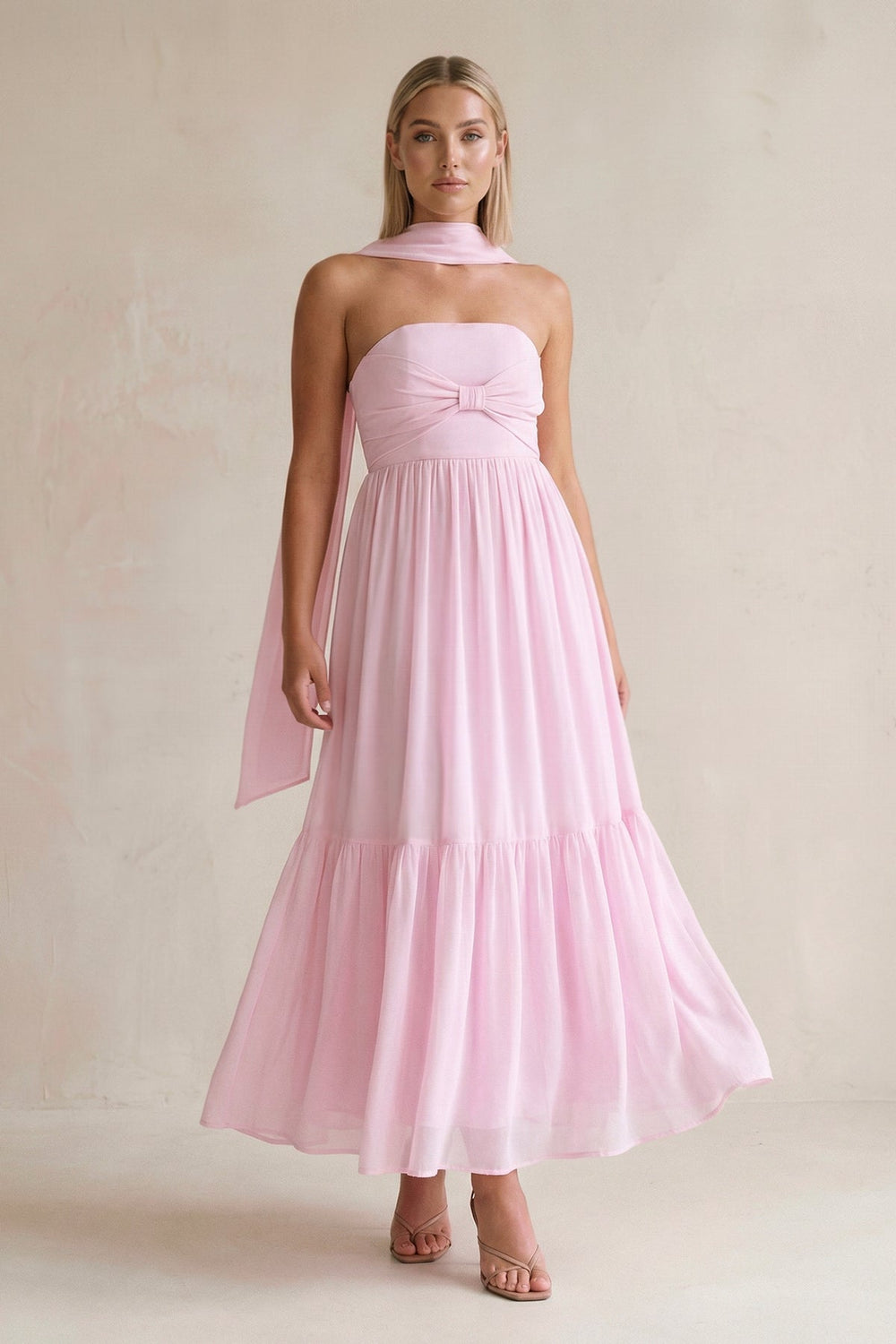Strapless A - Line Chiffon Ruffled Bridesmaid Dress With Ribbon in Candy Pink - KissProm Bridesmaid Dresses