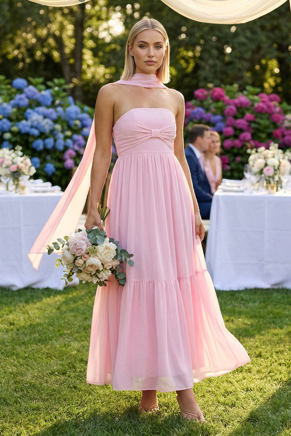 Strapless A-Line Chiffon Ruffled Bridesmaid Dress With Ribbon in Candy Pink, Candy Pink / 12 Strapless A-Line Chiffon Ruffled Bridesmaid Dress With Ribbon in Candy Pink, Candy Pink / 12