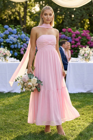 Strapless A - Line Chiffon Ruffled Bridesmaid Dress With Ribbon in Candy Pink - KissProm Bridesmaid Dresses
