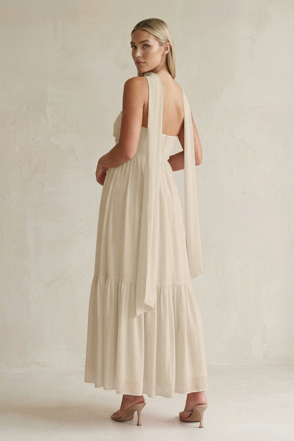Strapless A - Line Chiffon Ruffled Bridesmaid Dress With Ribbon in Champagne - KissProm Bridesmaid Dresses