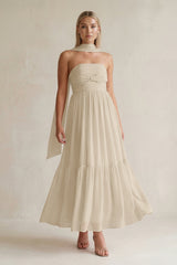 Strapless A - Line Chiffon Ruffled Bridesmaid Dress With Ribbon in Champagne - KissProm Bridesmaid Dresses