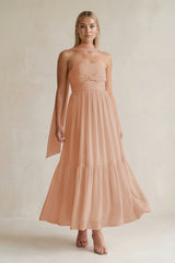 Strapless A - Line Chiffon Ruffled Bridesmaid Dress With Ribbon in Champagne Rose - KissProm Bridesmaid Dresses