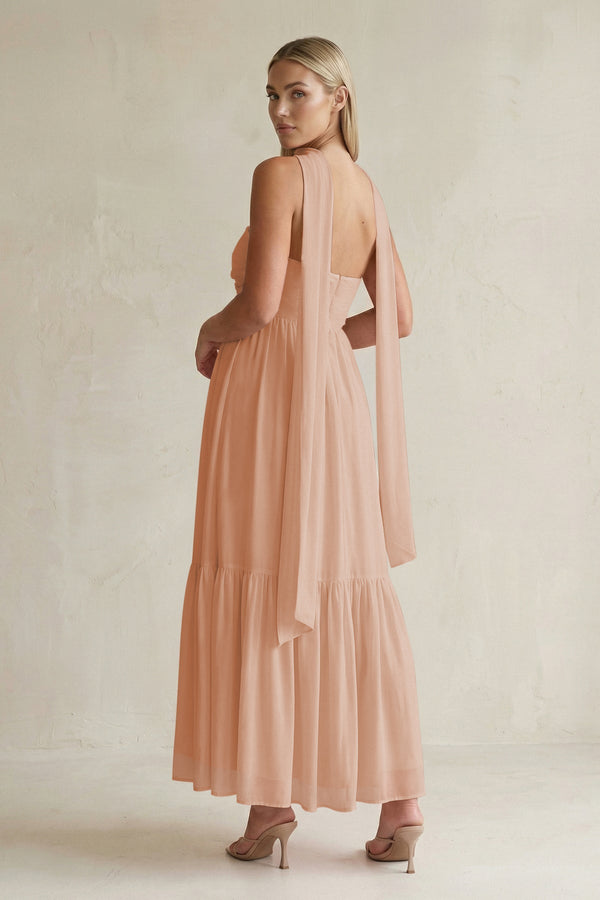 Strapless A - Line Chiffon Ruffled Bridesmaid Dress With Ribbon in Champagne Rose - KissProm Bridesmaid Dresses