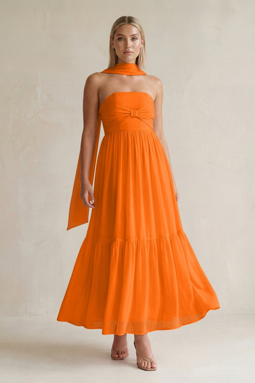 Strapless A - Line Chiffon Ruffled Bridesmaid Dress With Ribbon in Cinnamon - KissProm Bridesmaid Dresses