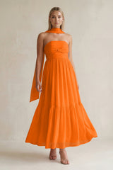 Strapless A - Line Chiffon Ruffled Bridesmaid Dress With Ribbon in Cinnamon - KissProm Bridesmaid Dresses