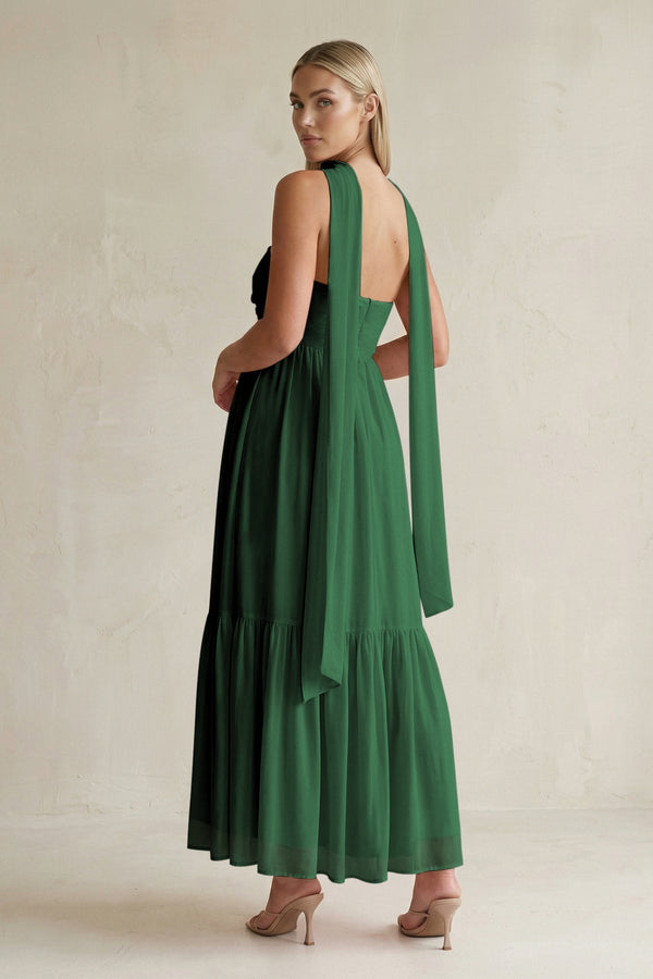 Strapless A - Line Chiffon Ruffled Bridesmaid Dress With Ribbon in Dark Green - KissProm Bridesmaid Dresses